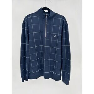 Nautica Mens Grid Pattern Quarter Zip Long Sleeve‎ Pullover Navy XL